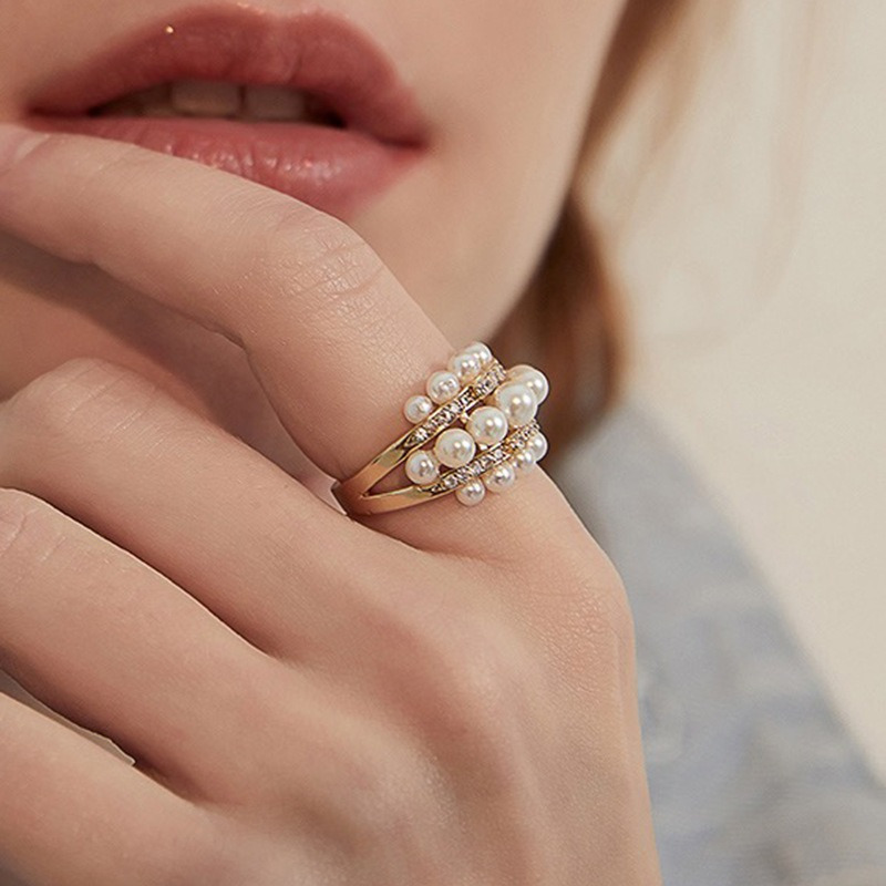 Faux Pearl Ring Zircon Adjustable Open Ring Party Jewelry Christmas Gift